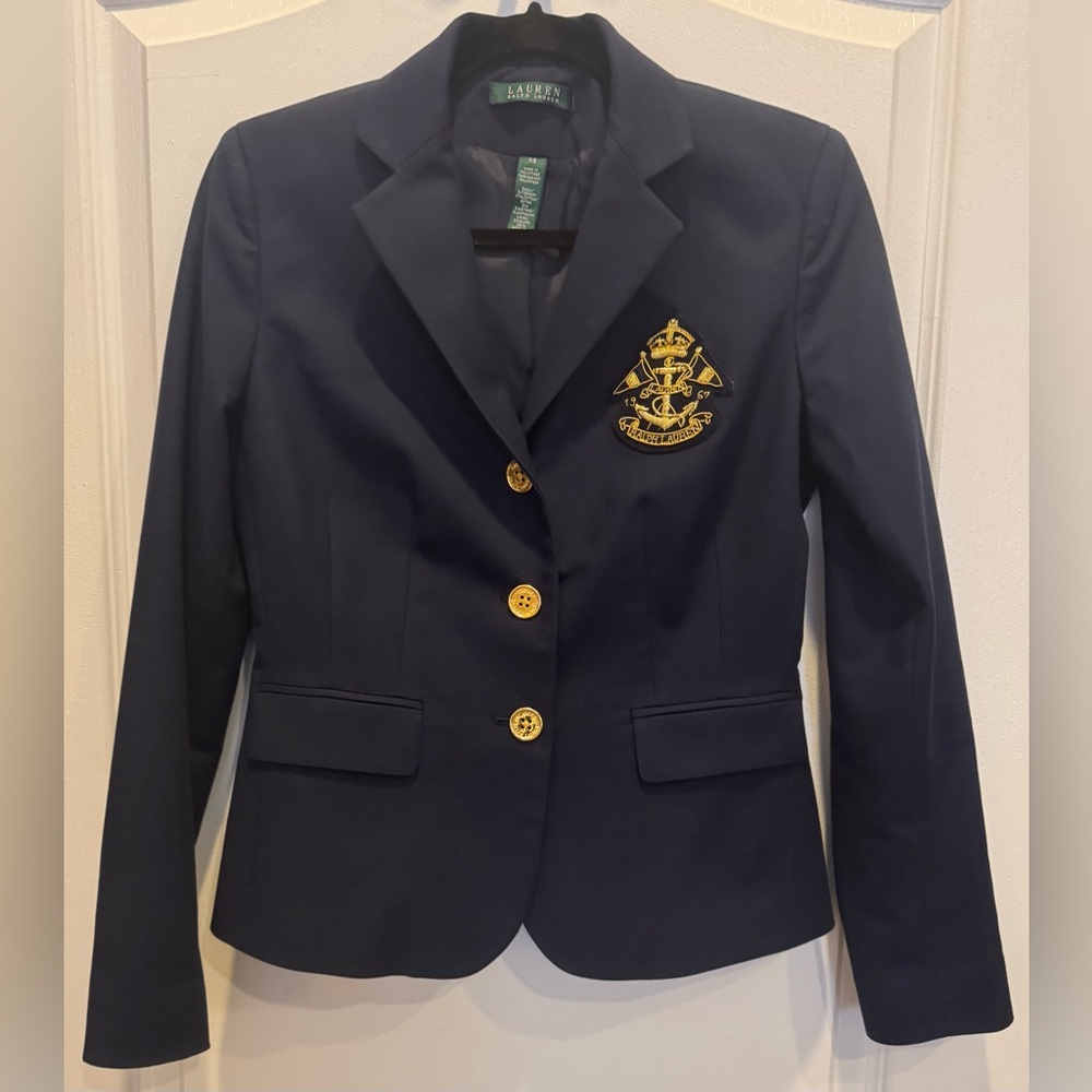 LAUREN RALPH LAUREN Cotton Single Breasted Crested Blazer Jacket Navy Gold XS